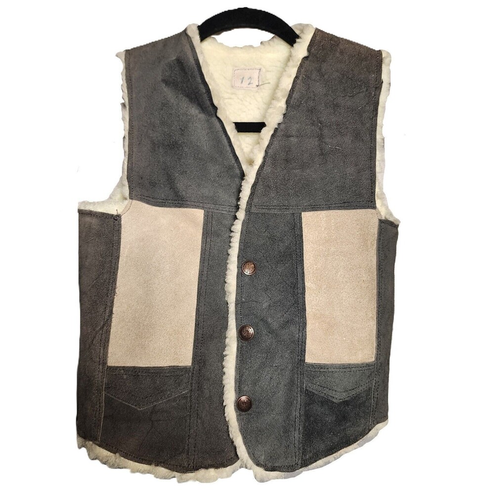 80s Suede Leather Sherpa Trucker Vest Kids Biker Cowboy Western Snap NO tags